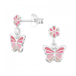 Childrens Sterling Silver Pink Flower And Butterfly Earrings