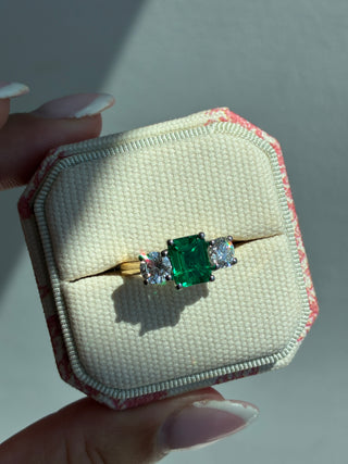 18ct Yellow Gold 1.31ct Laboratory Grown Emerald Cut Emerald & 1ct Round Diamond Three Stone Ring