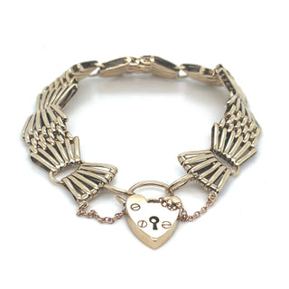 Vintage 9ct Yellow Gold Fan Link Heart Lock Gate Bracelet