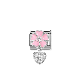 Composable Classic CHARMS steel, 925 sterling silver, enamel and cz Pink flower with Heart