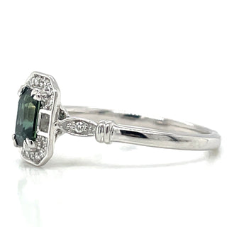 9ct White Gold Earth Grown Emerald Cut 0.60ct Green Tourmaline with White Sapphire & Diamond Vintage Style Ring