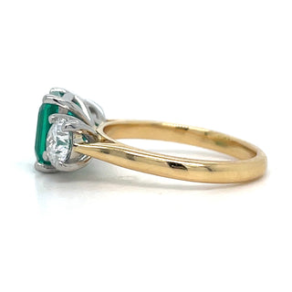 18ct Yellow Gold Laboratory Grown 2.50ct Radiant Cut Emerald and Round Brilliant Three Stone Diamond Ring