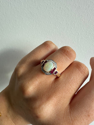 9ct Yellow Gold Vintage Deco Style Earth Grown Opal, Ruby & Diamond Ring