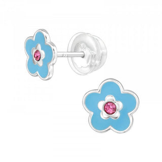 Childrens Sterling Silver Blue Flower Earrings With Pink Cz