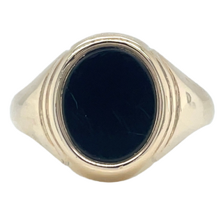 Vintage 9ct Yellow Gold Gents Black Onyx Oval Signet Ring