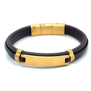 Gents Brown Leather And Gold Matte ID Bracelet With Magnetic Catch