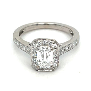 Betty - 18ct White Gold Laboratory Grown 1.10ct Emerald Cut Diamond Halo Ring with Pave Set Shoulders