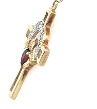 Vintage 9ct Yellow Gold Garnet And Diamond Claddagh Cross Pendant