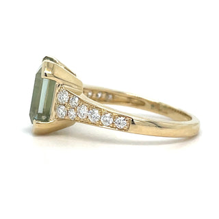 9ct Yellow Gold Earth Grown Emerald Cut Green Amethyst Ring With Diamond Set Shoulders