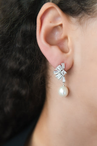 Sterling Silver CZ Baguette Fan Earring with Pearl Drop