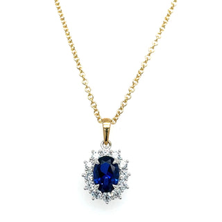 9ct Gold Two Tone Lady Di Style Sapphire And Cz Halo Necklace