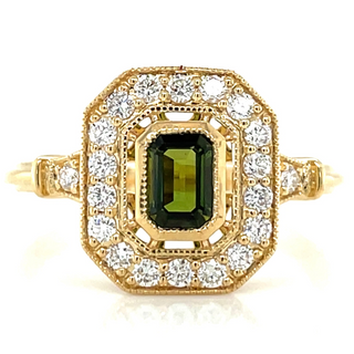 18ct Yellow Gold Emerald Cut Green Tourmaline & Diamond Vintage style Ring