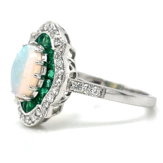 18ct White Gold Earth Grown Opal, Emerald And Diamond Ring