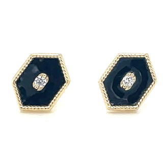 9ct Yellow Gold Black Enamel Stud Earrings With Cz And Millgrain Edge Detail