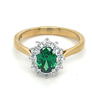 9ct Yellow Gold Lady Di Emerald And Cz Cluster Ring