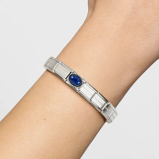 Composable FACETED STONES, steel with 925 sterling silver OVAL BEADED RICH SETTING BLUE