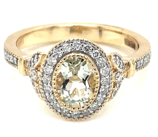 9ct Yellow Gold Earth Grown 0.99ct Green Amethyst And Diamond Halo Ring