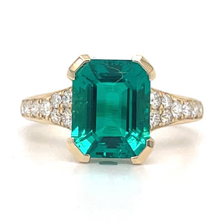 9ct Yellow Gold Laboratory Grown Emerald Cut Emerald Ring With Diamond Set Shoulders