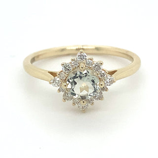 9ct Yellow Gold  0.40ct Green Amethyst with Diamond Halo Ring