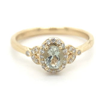 9ct Yellow Gold 0.40ct Oval Green Amethyst Castle Halo With Vintage 0.12ct Diamond Side Detail Ring