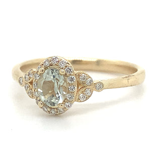 9ct Yellow Gold 0.40ct Oval Green Amethyst Castle Halo With Vintage 0.12ct Diamond Side Detail Ring