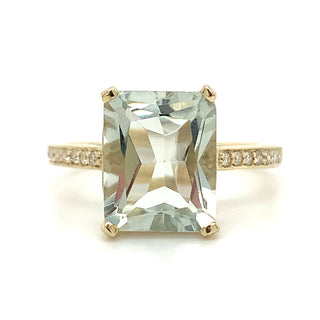 9ct Yellow Gold 2.25ct Green Amethyst And 0.10ct Diamond Ring