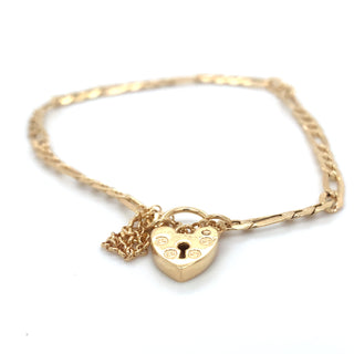 9ct Yellow Gold Padlock Figaro 7” Bracelet