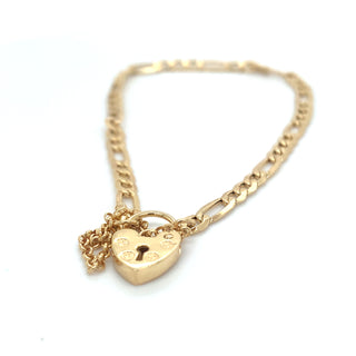 9ct Yellow Gold Padlock Figaro 7” Bracelet