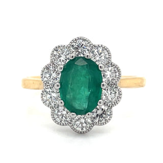 18ct Yellow Gold 2.02ct Oval Emerald and Diamond Halo Ring