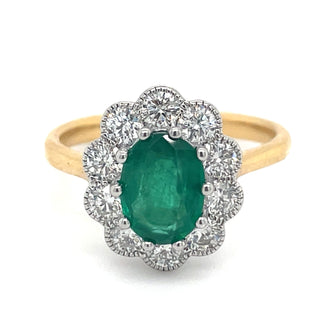 18ct Yellow Gold 0.79ct Oval Emerald and Diamond Halo Ring