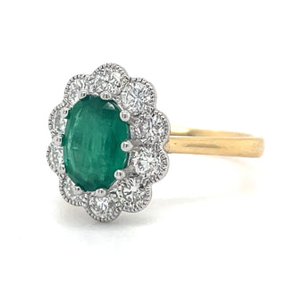 18ct Yellow Gold 2.02ct Oval Emerald and Diamond Halo Ring