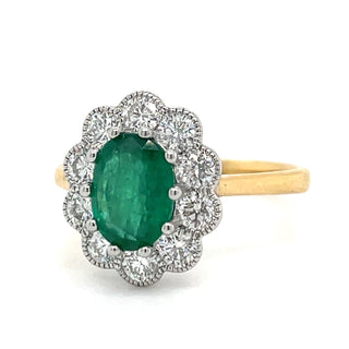 18ct Yellow Gold 2.02ct Oval Emerald and Diamond Halo Ring