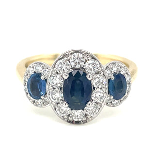 9ct Yellow Gold Earth Grown Sapphire Trilogy & Diamond Halo Ring