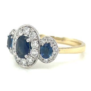 9ct Yellow Gold Earth Grown Sapphire Trilogy & Diamond Halo Ring