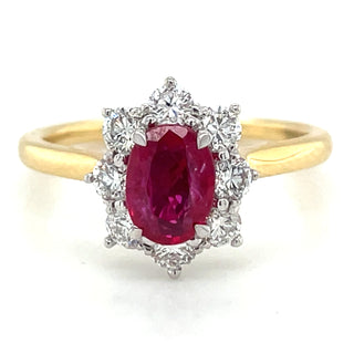 18ct Yellow Gold 1ct Ruby & Diamond Cluster Halo Ring