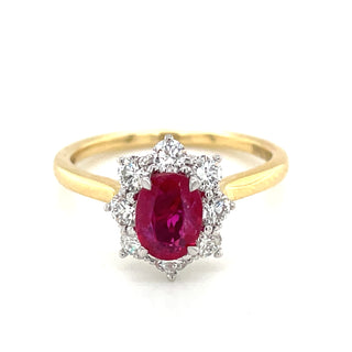 18ct Yellow Gold Earth Grown 1ct Ruby & Diamond Cluster Halo Ring