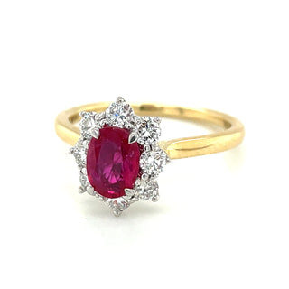 18ct Yellow Gold Earth Grown 1ct Ruby & Diamond Cluster Halo Ring