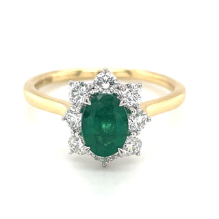 18ct Yellow Gold 0.85ct Emerald & Diamond Cluster Halo Ring