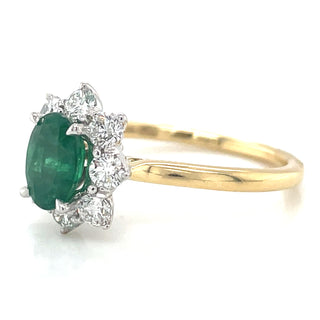 18ct Yellow Gold Earth Grown 0.85ct Emerald & Diamond Cluster Halo Ring