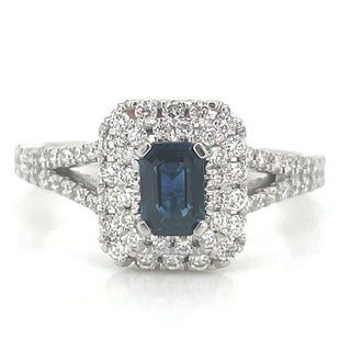 Platinum Emerald Cut 0.75ct Sapphire Double Diamond Halo Ring with Split Shank Shoulders