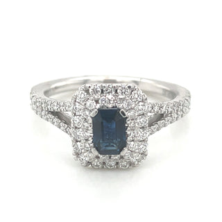 Platinum Emerald Cut 0.75ct Sapphire Double Diamond Halo Ring with Split Shank Shoulders