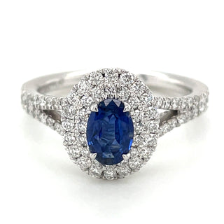 Platinum Oval Cut 0.60ct Sapphire Double Diamond Halo Ring with Split Shank Shoulders