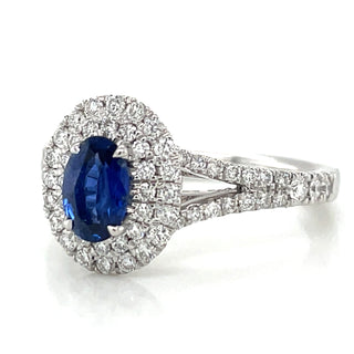Platinum Oval Cut 0.60ct Sapphire Double Diamond Halo Ring with Split Shank Shoulders