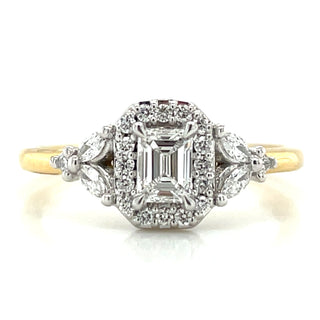 Quinn - 18ct Yellow Gold 0.54ct Emerald Cut Halo Diamond Ring