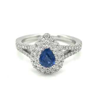 Platinum Pear Cut 0.50ct Sapphire Double Diamond Halo Ring with Split Shank Shoulders