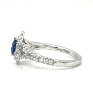 Platinum Pear Cut 0.50ct Sapphire Double Diamond Halo Ring with Split Shank Shoulders