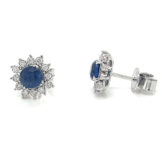 9ct White Gold Round Sapphire and Diamond Cluster Halo Earrings