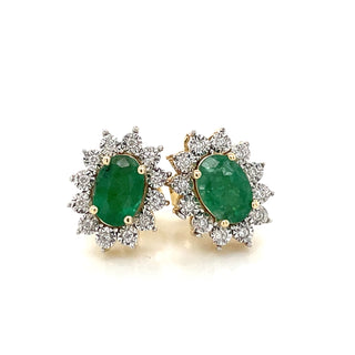 9ct Yellow Gold Oval Emerald & Diamond Cluster Halo Stud Earrings