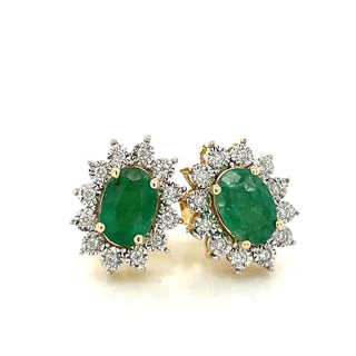 9ct Yellow Gold Earth Grown Oval Emerald & Diamond Cluster Halo Stud Earrings