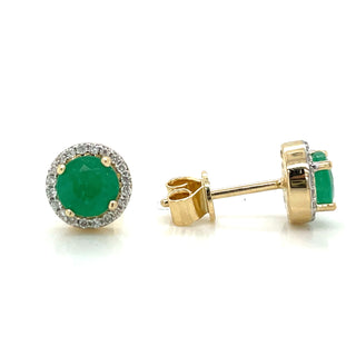 9ct Yellow Gold Earth Grown Round Emerald & Diamond Halo Stud Earrings